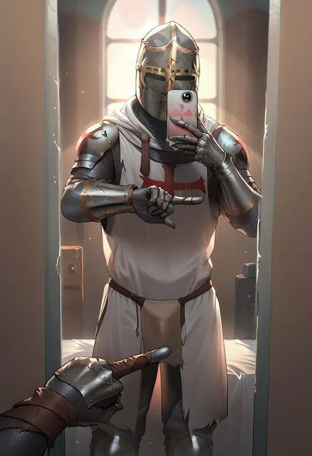 score_9, score_8_up, score_7_up, highres, solo, templar, knight, armor, standing, helmet, metal gloves, reflection, selfie, mirror, phone, morning, covering, OneFingerSelfieER