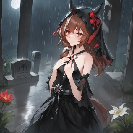 score_9, score_8_up, score_7_up, source_anime, 2D, anime BREAK
1girl, solo, red eyes, bare shoulders, small breasts, horse ears, horse tail, bangs, eyebrows visible through hair, long brown hair, (streaked hair), hair between eyes, hair scrunchie, sad, grief, dark_theme, dark_scene, night, (black:1.4), (widow, black gloves, black veil, black funeral dress), tombstone, spider lily, rain, outdoors, (wet clothes), hands on own chest,
smile, blush, <lora:StillinLove_v1-ponyXL:1>,