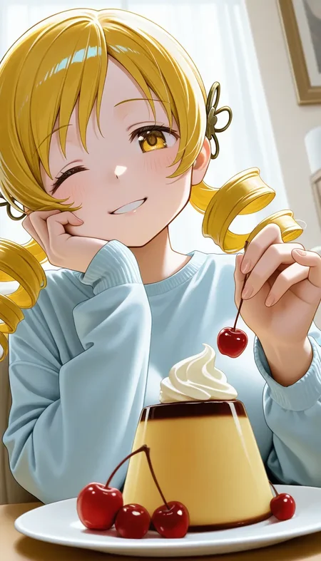 (masterpiece, best quality), safe, amazing quality, very aesthetic, absurdres, highres, newest, HDR, 8K, high detail RAW color art, large pupil, eyelashes,
1girl, tomoe mami/(mahou shoujo madoka magica/), close-up, upper body, low angle, indoors, living room, sitting, pudding, Cherry, whipped cream, eating, tea, happy, one eye closed, smile, hand on own cheek,