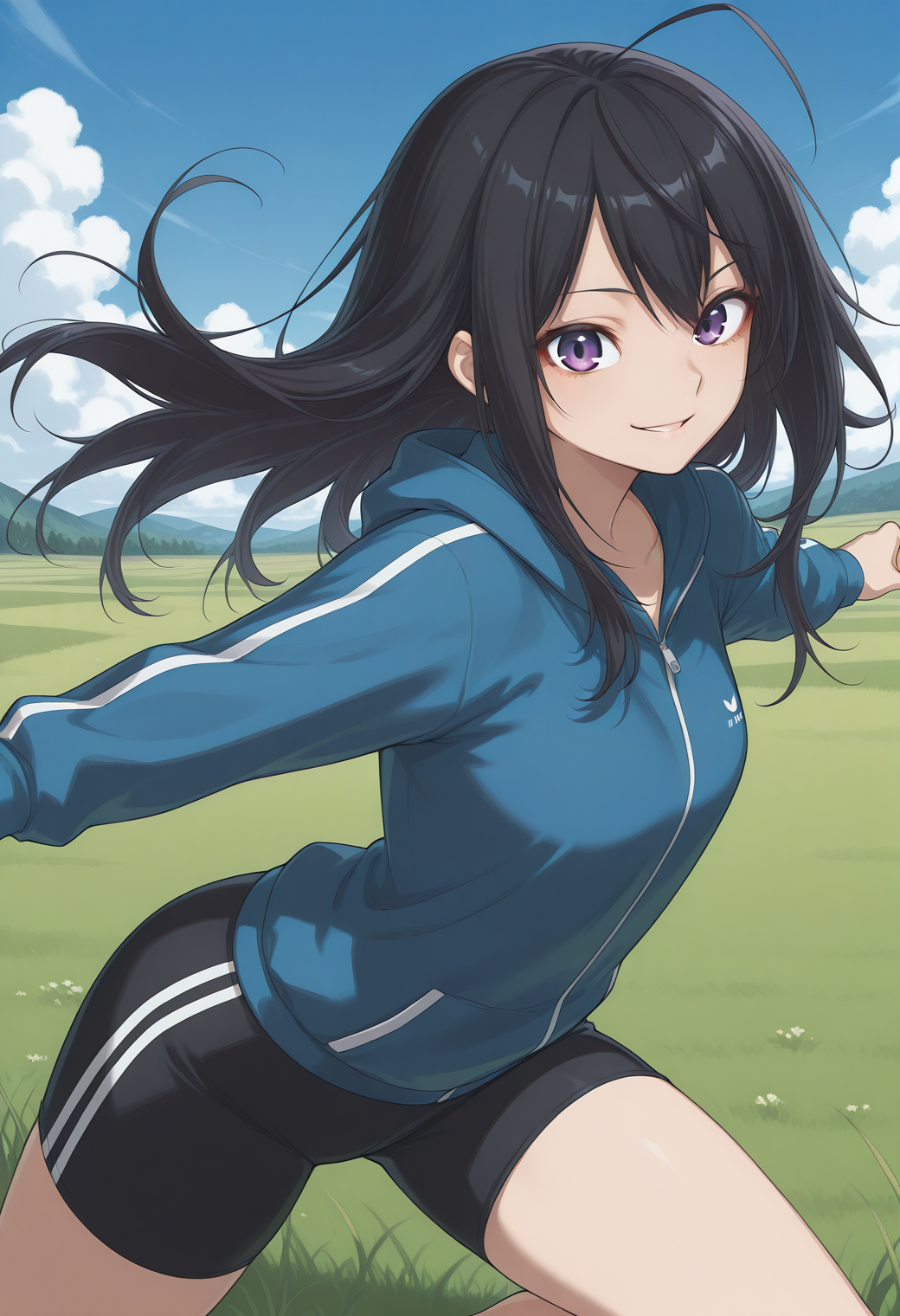 yonagi_kei, purple eyes, black hair, long hair, ahoge, <lora:yonagi_kei_illustrious_ver2:0.8> 
smile, cowboy shot,, masterpiece, best quality, sensitive,, 1girl, solo, blue sky, (grasslands:1.2), looking at viewer,, (dynamic pose:1.4),