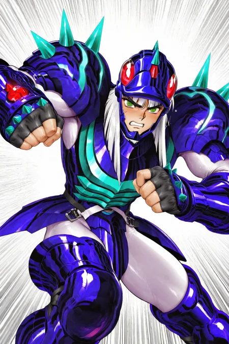 masterpiece,best quality,amazing quality, by shirow masamune, SSTHR, 1boy, male focus, toned male, medium hair, white hair, beard, green eyes, blunt cut, (phecd helmet, red eyes), teal spikes, phecd armor, fingerless gauntlets, thighhigh greaves, white bodysuit, incoming punch