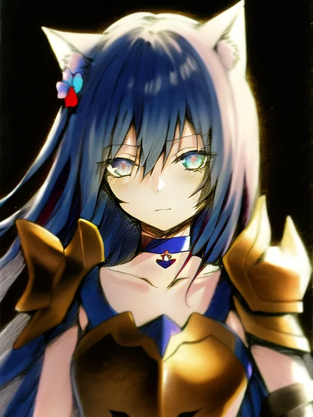 by sky-freedom, hair flower, choker, closed mouth, collarbone, long hair, dark blue hair, looking at viewer, short hair, simple background, , solo, club lighting,  cold, dark, graffiti style, upper body, traditional media, dark spiral eyes  , 1girl, armor, cat ears, ink <lora:skyfreedom-v1-8k-lora:2>