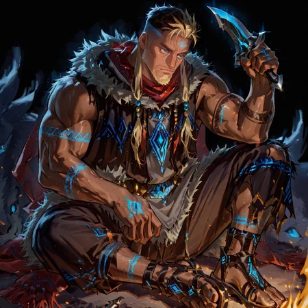 <lora:Lucian__Alchemist_Code-000004:.75>, tagatamelucian, 1boy, blonde hair, short hair with long locks, hair beads, blue eyes, tanned skin, solo, male focus, manly, mature male, sleeveless hoodie, pants, scarf, fur trim, tattoo, glowing, holding dagger, sandals, torn clothes,
(very short hair, beard, bara, mature, facial hair, stubble, beard, full beard, sideburn, beard, a lot of beard, ), facial hair,male focus, muscular male, muscular male, bara, mature,  bara, mature, aixiwuganda_(20222192), very awa, masterpiece, best quality, absurdres, newest, perfect quality, detailed background, intricate details,
<lora:slider_Body Type_alpha1.0_rank4_noxattn_last:3><lora:Anime Summer Days 2 Style SDXL_LoRA_Pony Diffusion V6 XL:.6><lora:slider_cfg_scale_boost:.7><lora:Artist6p:.55>, Artist6p, Artist04p,<lora:slider_il_brightness_slider_d1:-1><lora:slider_il_contrast_slider_d1:-1><lora:slider_DarkSlider1.2_alpha1.0_rank16_full_300steps:-.6>