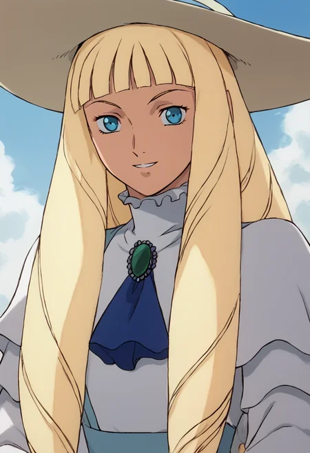 <lora:KihelTurnAPony1.0:0.8>Kihel, 1girl, solo, dress, blonde hair, long hair, blue eyes, white dress, long sleeves, smile, drill hair, sun hat, score_9, score_8_up, score_7_up, score_6_up, score_5_up, score_4_up, looking at viewer, 1990s \(style\)