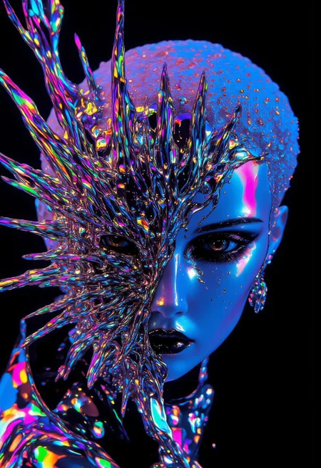 ((aidmaimageupgrader, aidmaMJ6.1, ne0nfant4sy)), A hyper-realistic, face close-up portrait of a woman with striking, very short white hair, side-trimmed and expertly side-faded, facing the viewer with an expression that conveys both strength and mystery. Her eyes are partially closed, exuding a futuristic, serene presence. The left side of her face is adorned with an intricately detailed chrome mold, seamlessly integrated into her skin, partially covering her left eye. The chrome mold, designed with over 10,000 razor-thin chrome lines, extends outward in straight, rigid formations, resembling molten cheese strands but with a sleek, metallic finish. The chrome has a high-polished, reflective surface that catches and refracts an ethereal, neon-blue and magenta glow, adding a surreal touch. Sparkles embedded within the mold enhance its futuristic, otherworldly essence. Some sections of the chrome are semi-solid, with metallic drips that flow down her face in fluid dynamic patterns, suggesting a seamless merge between technology and organic form. Subtle holographic projections trace the edges of the chrome, emitting faint, pulsating neon symbols and geometric shapes that flicker and shift, adding layers of surrealism. The top of her head is in frame, showcasing the intricate chrome details, while the body remains out of frame, keeping focus on the striking, surreal facial composition that blends technology with artistic surrealism.
