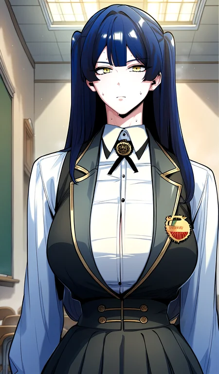 score_9, score_8_up, score_7_up, score_6_up, source_anime, rating_explicit, <lora:neg4all_bdsqlsz_V3.5:2.0>1girl, (solo:1.2), huge breasts, <lora:Flora Lumosponyxl:1> yellow eyes, blue hair, long hair, bangs, two side up, black vest, white shirt, collared shirt, long sleeves, black skirt, expressionless, Narrow shoulders, sweat, heavy breathing, steaming body, classroom, indoor, looking at viewer