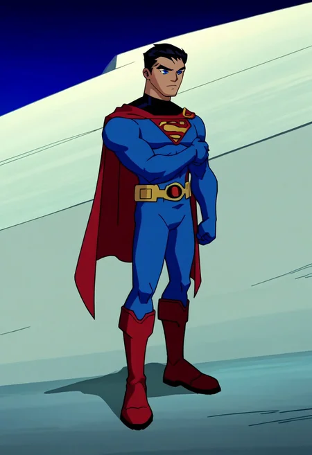 score_9_up, score_8_up, score_7_up, source_anime, anime screencap, portrait, close up of Superman,1man,solo,male focus, black hair, pompadour, blue eyes,no pupils,blue bodysuit,red cape, red trunks, yellow belt, red boots, flat color, outdoors, night, blue_background, 1990s_\(style\), closed_mouth, silhouette, dark