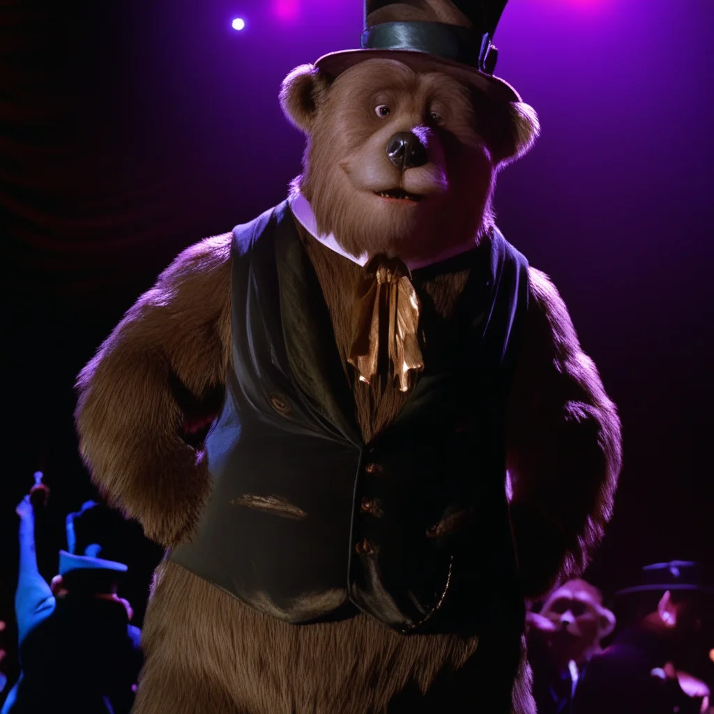 Henry Dixon Taylor, big bear, tall, light brown fur, belly, bara, standing tall, dark brown nose, wearing vest, wearing top hat, standing next to a concert hall, looking at viewer, hands on hips