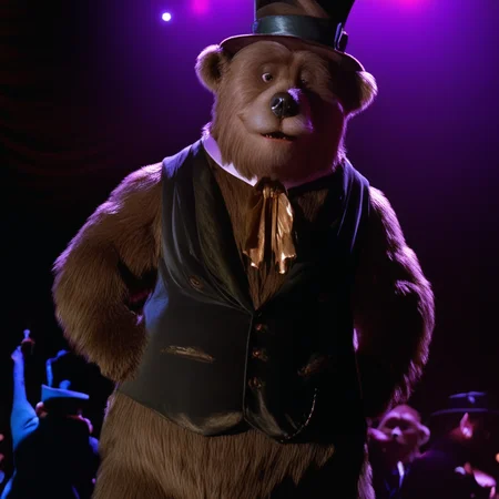 Henry Dixon Taylor, big bear, tall, light brown fur, belly, bara, standing tall, dark brown nose, wearing vest, wearing top hat, standing next to a concert hall, looking at viewer, hands on hips