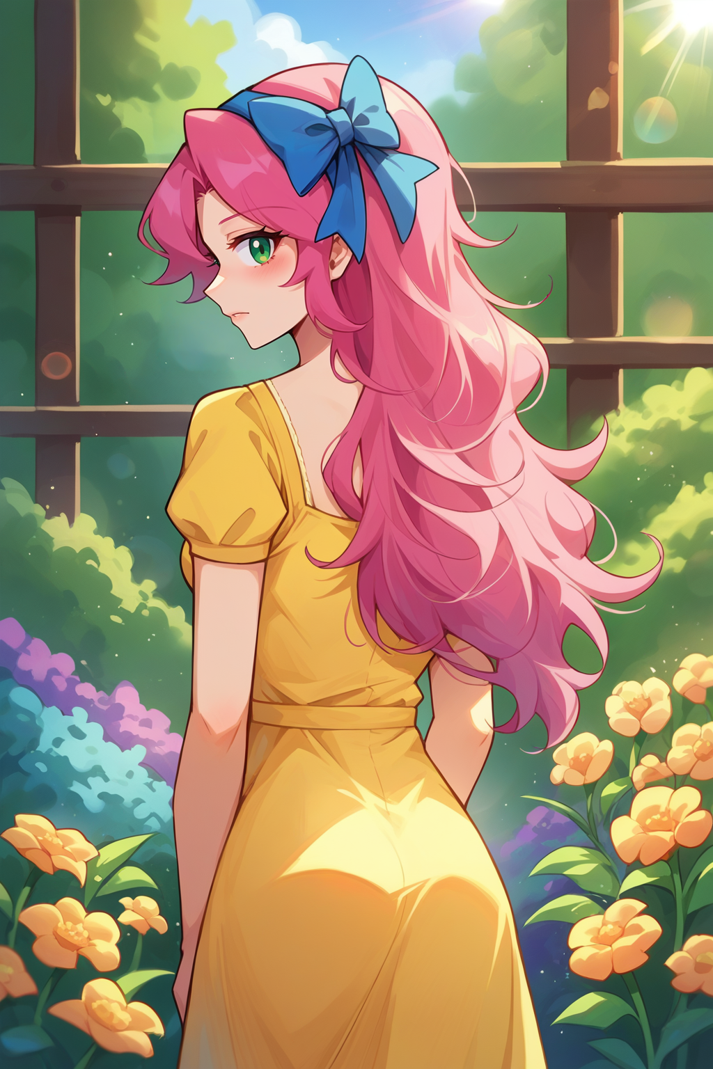 source_anime, score_9, score_8_up, 1girl, solo, <lora:NSStylistTerraria:1> NSStylistTerraria, pink hair, long hair, green eyes, hairband, hair bow, looking back, from behind, yellow sundress, garden, lens flare, sunny, bright