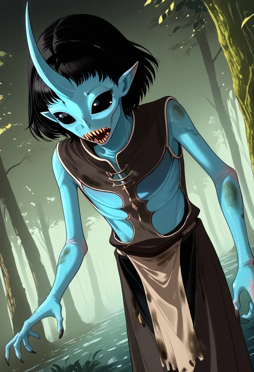 ((Alien humanoid)),
((Alien species)), solo, androgynous, aquatic features
blue skin, ((webbed hands)):1.4,
((No nose)):1.3, ((nostrils only, nostril slits, vertical nasal slits, narrow nostrils)):1.5, ((narrow eyes)), ((black sclera, black irises)), smooth skin, pointy ears, small ears, tiny ears, holes in skin, forehead horn, short horn, veiny horn, ((single horn)):1.0, ((4 fingers)), fingernails, thin lips, ((black hair)), ((short hair, spiky hair)), sharp teeth, digitigrade legs, bent legs,
Distant shot
ragged clothes, muddy clothes, loincloth, tunic, dirty
Medieval style, fantasy style,
((Variety)):1.2
((dutch angle, 3/4 view))
river background
fully clothed, loose clothing, clean lines, smooth colors, detailed fingers, sfw, source: realistic, rating: pg, score: 8 up, score: 9
