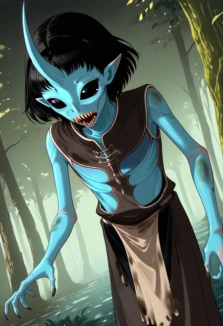 ((Alien humanoid)),
((Alien species)), solo, androgynous, aquatic features
blue skin, ((webbed hands)):1.4,
((No nose)):1.3, ((nostrils only, nostril slits, vertical nasal slits, narrow nostrils)):1.5, ((narrow eyes)), ((black sclera, black irises)), smooth skin, pointy ears, small ears, tiny ears, holes in skin, forehead horn, short horn, veiny horn, ((single horn)):1.0, ((4 fingers)), fingernails, thin lips, ((black hair)), ((short hair, spiky hair)), sharp teeth, digitigrade legs, bent legs,
Distant shot
ragged clothes, muddy clothes, loincloth, tunic, dirty
Medieval style, fantasy style,
((Variety)):1.2
((dutch angle, 3/4 view))
river background
fully clothed, loose clothing, clean lines, smooth colors, detailed fingers, sfw, source: realistic, rating: pg, score: 8 up, score: 9