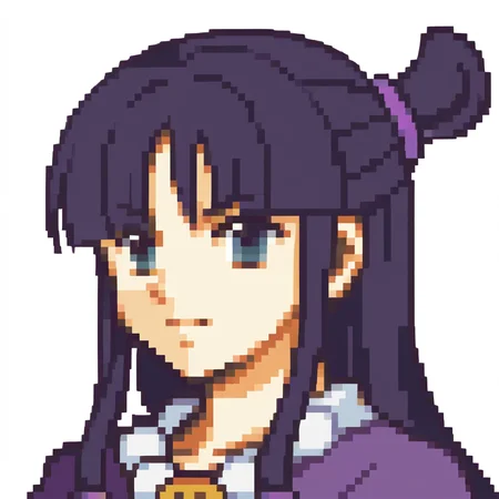 score_9, score_8_up, score_7_up, source_anime BREAK, 1girl,  solo,
<lora:zs_FEGBAPortraitsXL:1> fegbaportraits, portrait, white background, 
 <lora:aa_mayafey_ponyXL:0.8> maya fey, half updo, hair ornament, japanese clothes, purple kimono, necklace, magatama