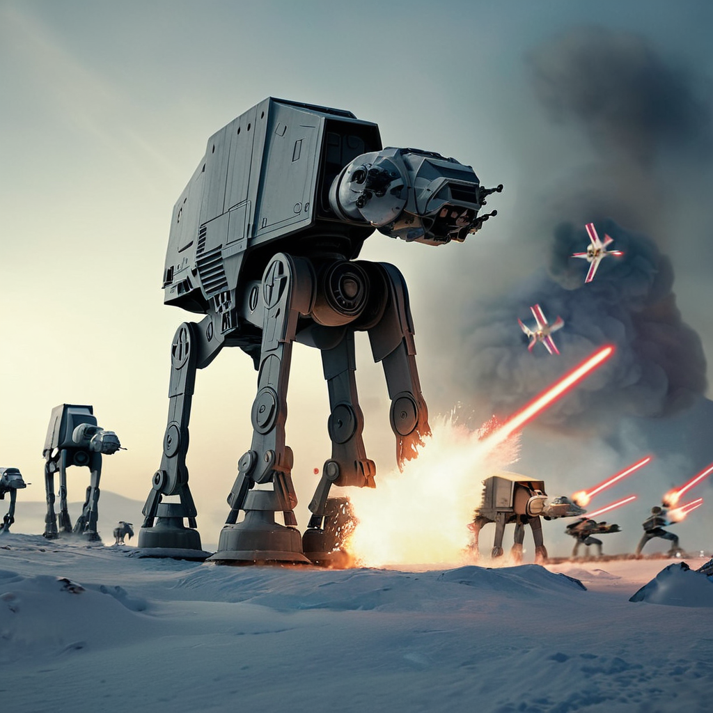cinematic film still of  <lora:star wars style v2:0.2>
<lora:detailed:0.4> detailed
<lora:perfection style:0.4> perfect
<lora:Chiaroscuro Lighting Style:0.2>
 <lora:AT-AT Walker:0.8>
AT-AT Walker a scene of a star wars battle with a group of star wars vehicles,no humans,robot,star (sky),mecha,science fiction,realistic,battle,space,explosion,planet,earth (planet),spacecraft,laser , star wars style, an epic battle scene with many different star wars characters, shallow depth of field, vignette, highly detailed, high budget, bokeh, cinemascope, moody, epic, gorgeous, film grain, grainy