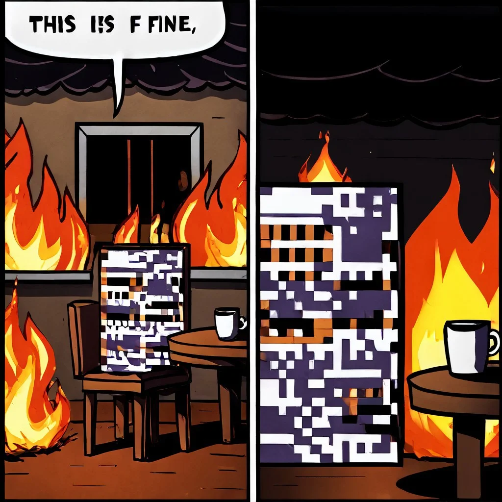 missingno, 2koma, comic, fire, sitting, speech bubble, burning, table, chair, cup