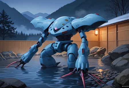 score_9, score_8_up, score_7_up, source_anime, front view, BREAK,  ( hygogg, blue_hygogg_armor, pink monoeye, from side, looking at viewer, long arms, very long arms, long claws) 1mech, blue mech, wide mech, large shoulders, large shoulder armor, mech focus, solo, BREAK, two arms, submerged in hot spring, swimming, ruanyi0653,onsen,fence,rock,water,fog,