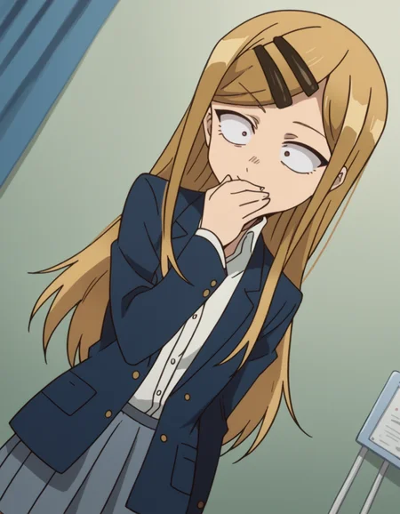 score_9, score_8_up, score_7_up, source_anime, <lora:saya-endou-s2-ponyxl-lora-nochekaiser:1>, saya endou, long hair, blonde hair, hair ornament, brown eyes, hairclip, fang, wide-eyed, constricted pupils, sanpaku,, skirt, shirt, hair ornament, school uniform, jacket, pleated skirt, socks, blazer,, hospital room, bedside, get well flowers, comforting, quiet, smile, , hand covering mouth, solo,, cowboy shot, dutch angle