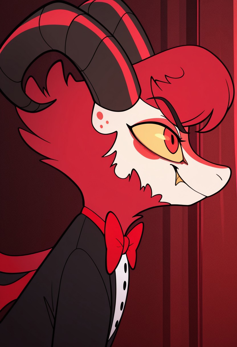 masterpiece, best quality, amazing quality, dazzle, solo, 1boy, Demon, goat horns, yellow sclera, red Eyes, Demon wings, red fur, tuxedo, red bowtie, bara, close-up, side angle, smirk