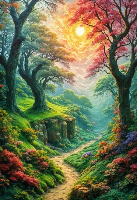 The gorgeous oil painting designed by AI show a palace-level design sense and are pleasing to the eye. The design color is mainly green red purple like spring landscape with early morning sunlight.