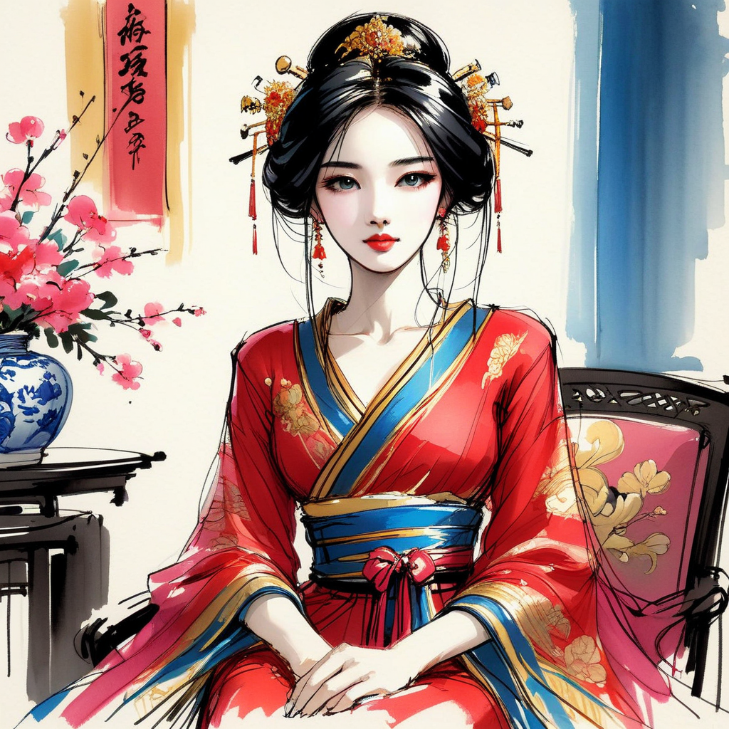 score_9, score_8_up, score_7_up, inksketch, 1woman, chinese, red dress, gold trim, beautiful, black hair, blue eyes