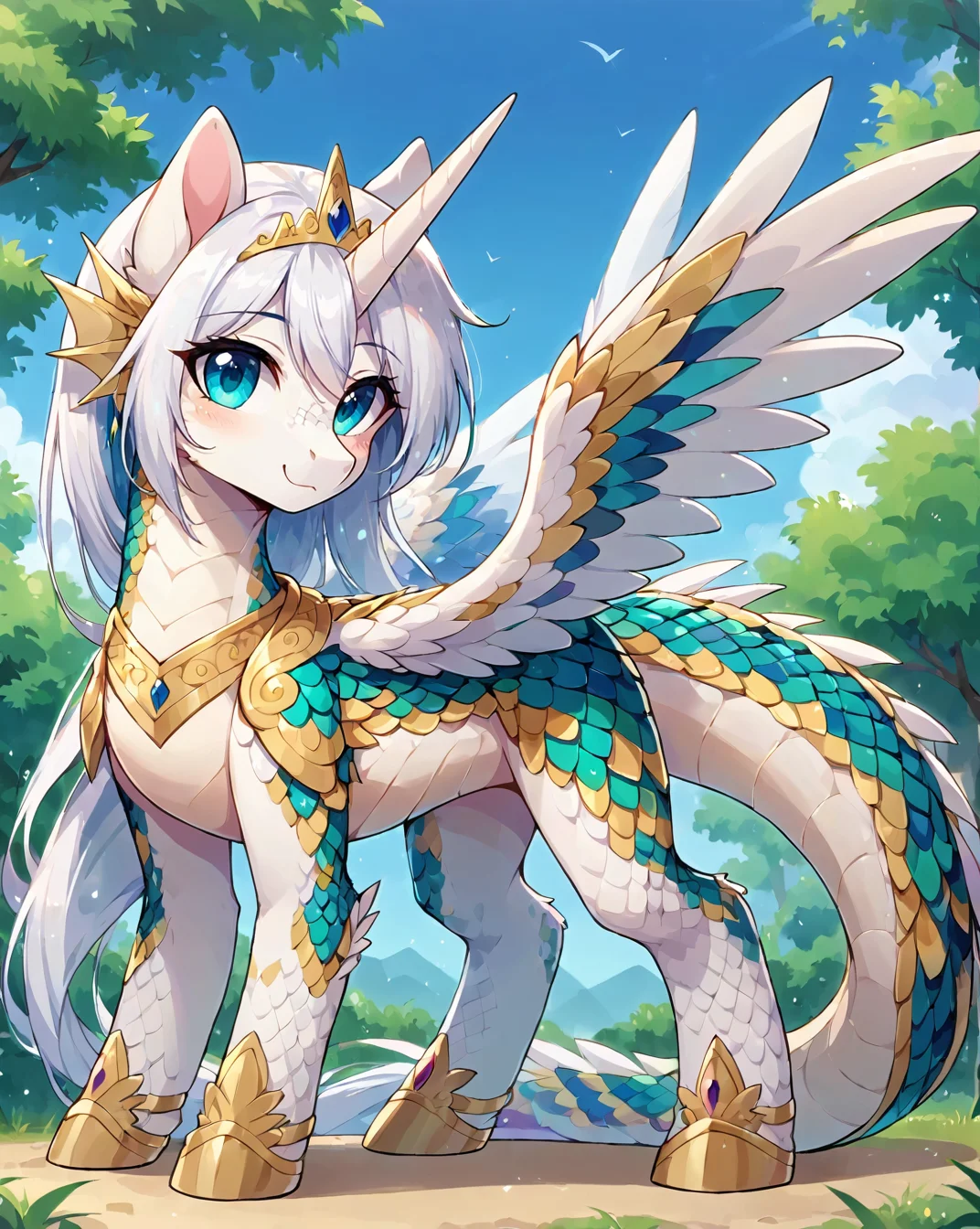 score 9, score 8 up, 1girl, masterpiece, furry, full body, pony, feral, cute, beautiful, pretty, scales, standing, all fours, alicorn, wings, <lora:MegaScalyPonyV2:1>, MegaScalyPony