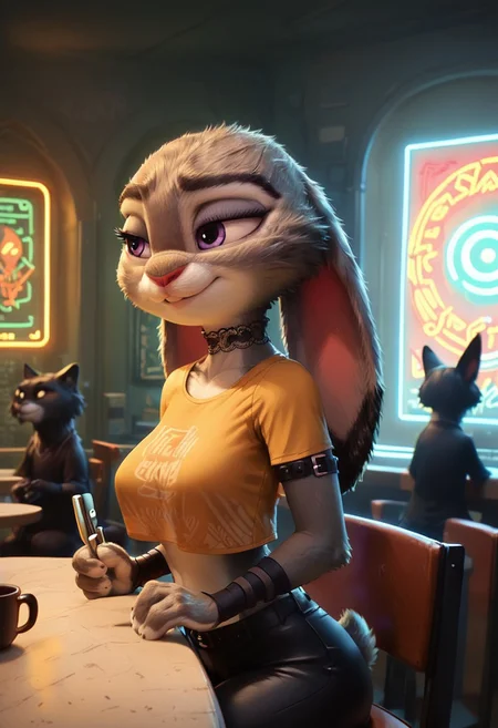 score_9, score_8_up, score_7_up, score_6_up, side view, (judyhopps, judy hopps,), edgAdepta, very short, short stacked, petite, grey fur, furry, cowboy shot, golden shirt, tight black latex pants, arm straps, natural round breasts, inside a cafe, sitting in chair at a table, golden lace choker, mad-neon-noir, sly, smug, seductive, neon lights, natural round breasts, midriff, leaning against a wall, in a city, neon lights, detailed background, crowded, C7b3rp0nkStyle,