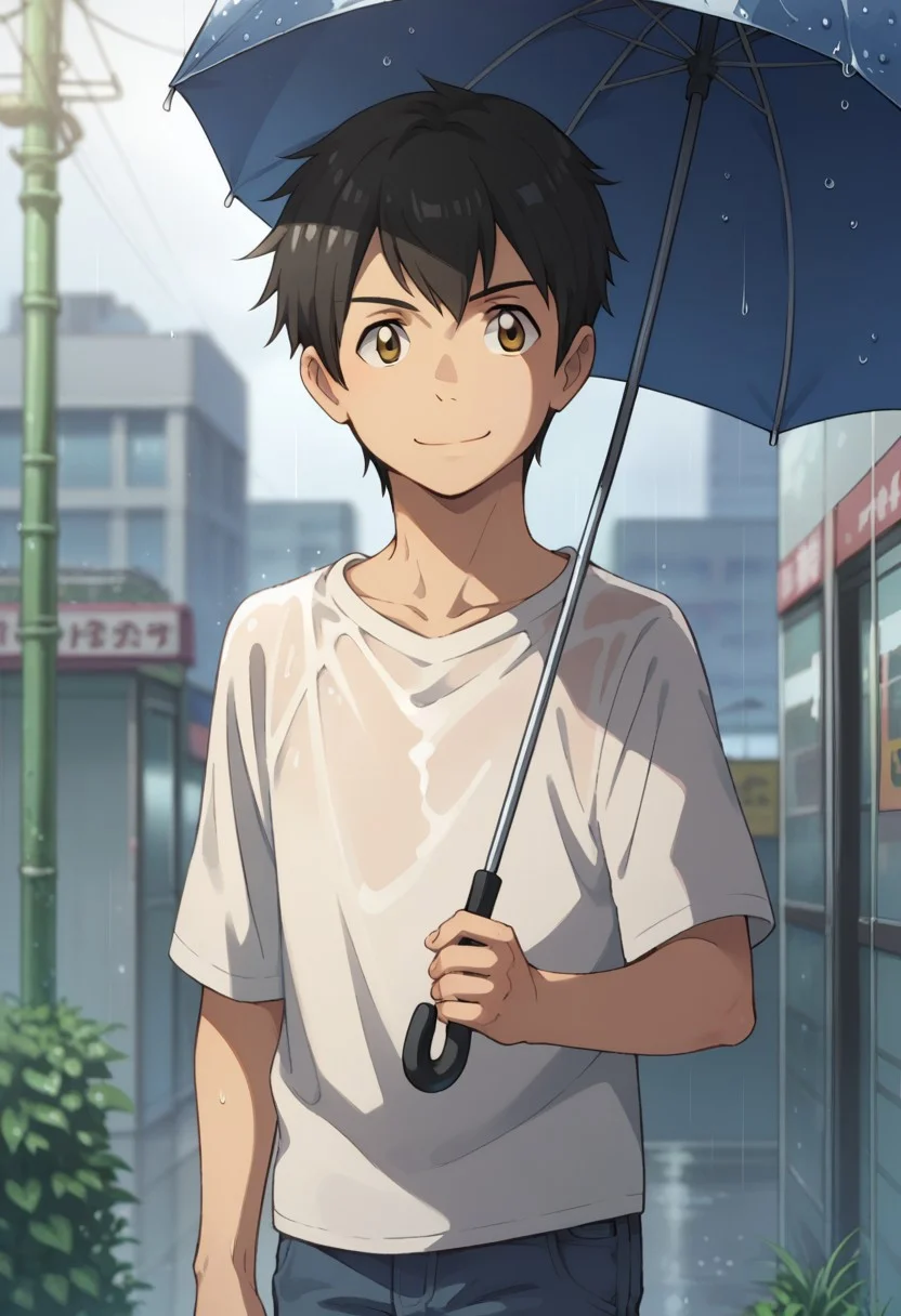 score_9, score_8_up, source_anime, highly detailed,
hodaka, 1boy, male focus, hold, hold umbrella, solo, black hair, upper body, brown eyes, smile, pants, shirt,
outdoor, tokyo, rain,