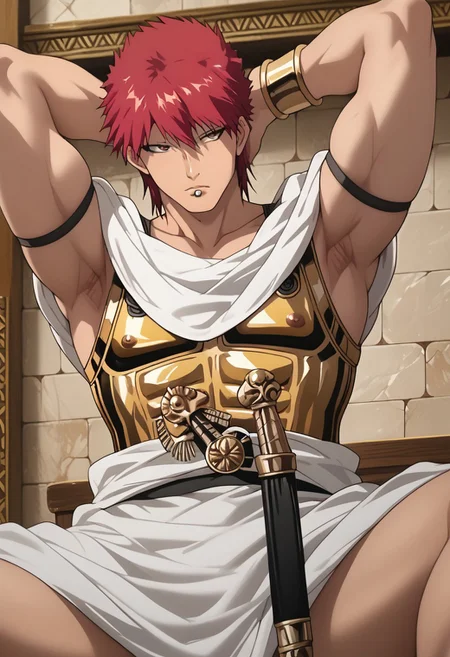 score_9, score_8_up, score_7_up, source_anime, rating_explicit, Masmag, 1boy, male focus, anime screencap, labret piercing, white greek chiton, gold armor, gold pauldron, gold bracelet, sitting, legs spread open, arms up, hands behind head, from below, oops...I think the sword got associated with the armor T_T