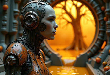 realistic rendering, side view and slightly angled view of a a female Russian rusty ROBOT inside a futuristic mecha cockpit, surrounded by intricate painel technological details, mechanical dead trees at the background growing fruits, a golden bright solid liquid flowing from the walls to the floor. high level of detail, cinematic lighting, high contrast