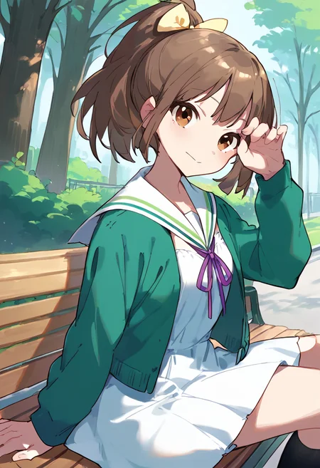 score_9,score_8_up,score_7_up,source_anime,zPDXL3,park,park bench,tree,
*//*,<lora:HisamiNanami-v1.0:1.0>,hisaminanami_wug,1girl,solo,brown eyes,brown hair,ponytail,hair bow,yellow bow,bangs,black socks,white dress,short dress,shoes,brown footwear loafers,sailor collar,green jacket,open clothes,clothing cutout,bowtie,purple ribbon,
*//*,looking at viewer,cowboy shot,dutch angle,dynamic pose,