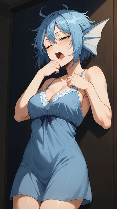 score_9,score_8_up,score_7_up,score_6_up, <lora:xl_more_art-full_v1:0.5>, source_anime, girl, dynamic pose, sleeping, <lora:Sirius - Pony-000004:0.8>, short hair, blue hair, blue eyes, head fins, blue nightgown, sleepy, one eye closed, dark room, bedroom, leaning to the side, one eye open, night, dark, midnight, leaning against a wall, dazed, yawning, messy hair,