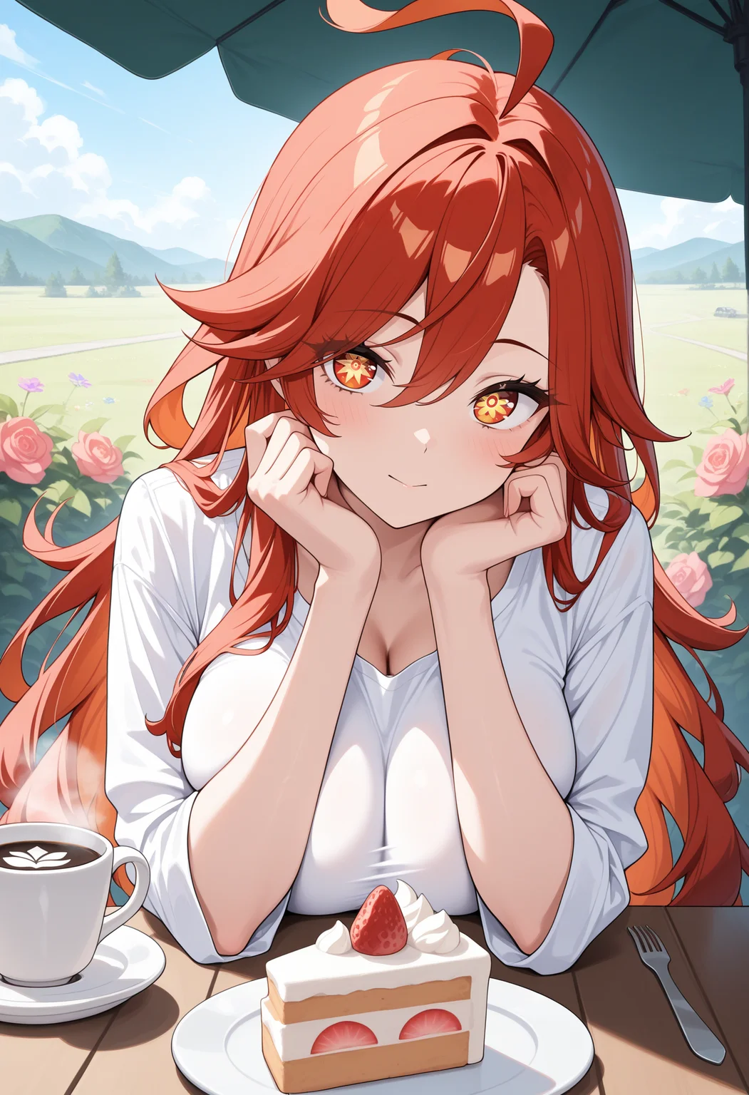 masterpiece, best quality, newest, absurdres, highres, 1girl, mavkRnd, symbol-shaped pupils, red eyes, large breasts, red hair, long hair, ahoge, <lora:Mavuika_illusXLNoobAI_Incrs_v2-000009:1>, white shirt, upper body, pov across table, elbow rest, outdoors, flower, coffee, cake,