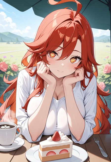 masterpiece, best quality, newest, absurdres, highres, 1girl, mavkRnd, symbol-shaped pupils, red eyes, large breasts, red hair, long hair, ahoge, <lora:Mavuika_illusXLNoobAI_Incrs_v2-000009:1>, white shirt, upper body, pov across table, elbow rest, outdoors, flower, coffee, cake,