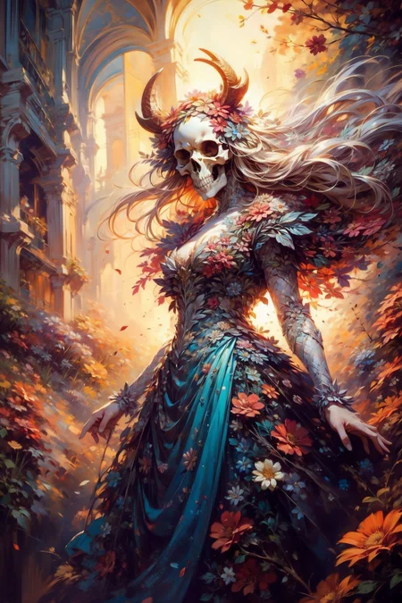 (masterpiece:1.1), (best quality:1.1), (vibrant colors:1.2), BREAK,
(horror:1.2),<lora:painting:0.7>, <lora:EdobHorrorLandscape_v1.0:0.1>, BREAK,
(solo:1.2), (no human:1.0), (skull face:1.1), (horns:1.0), (long hair:1.1), (flower dress:1.2), (flowers:1.2), (windy:1.0),