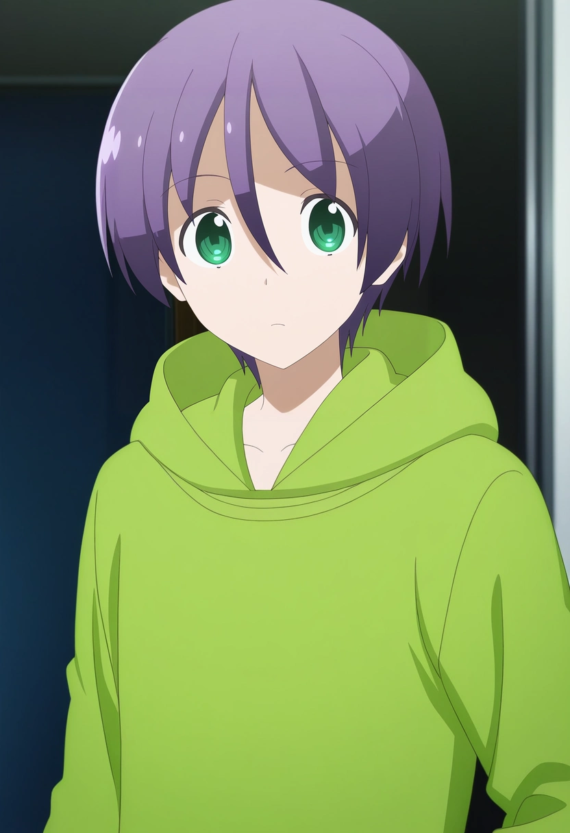 masterpiece, best quality, , anime screencap, , official style, looking at viewer, 1boy, solo, male focus, <lora:nasa_yuzaki_ilxl:0.98>, nasa_yuzaki, purple hair, green eyes, short hair, hair between eyes, green hoodie,