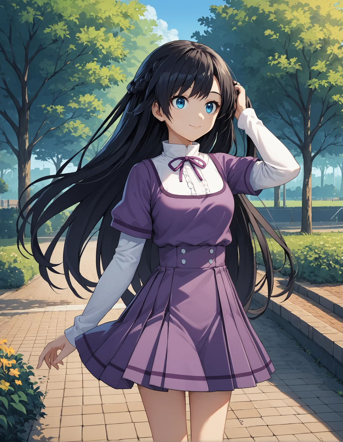 score_9, score_8_up, source_anime, 1girl, mgrcmayukozue, mayucsl, blue eyes, black hair, long hair, half up braid, (white shirt:0.9), high collar, purple neck ribbon, short over long sleeves, (white sleeves:0.7), purple dress, purple pleated skirt, wind, hand in hair, outdoors, park, light smile, <lora:mgrcmayukozue_XL:1>