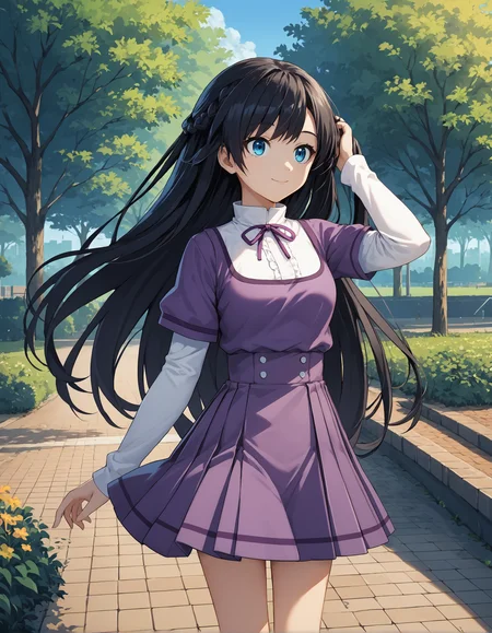 score_9, score_8_up, source_anime, 1girl, mgrcmayukozue, mayucsl, blue eyes, black hair, long hair, half up braid, (white shirt:0.9), high collar, purple neck ribbon, short over long sleeves, (white sleeves:0.7), purple dress, purple pleated skirt, wind, hand in hair, outdoors, park, light smile, <lora:mgrcmayukozue_XL:1>