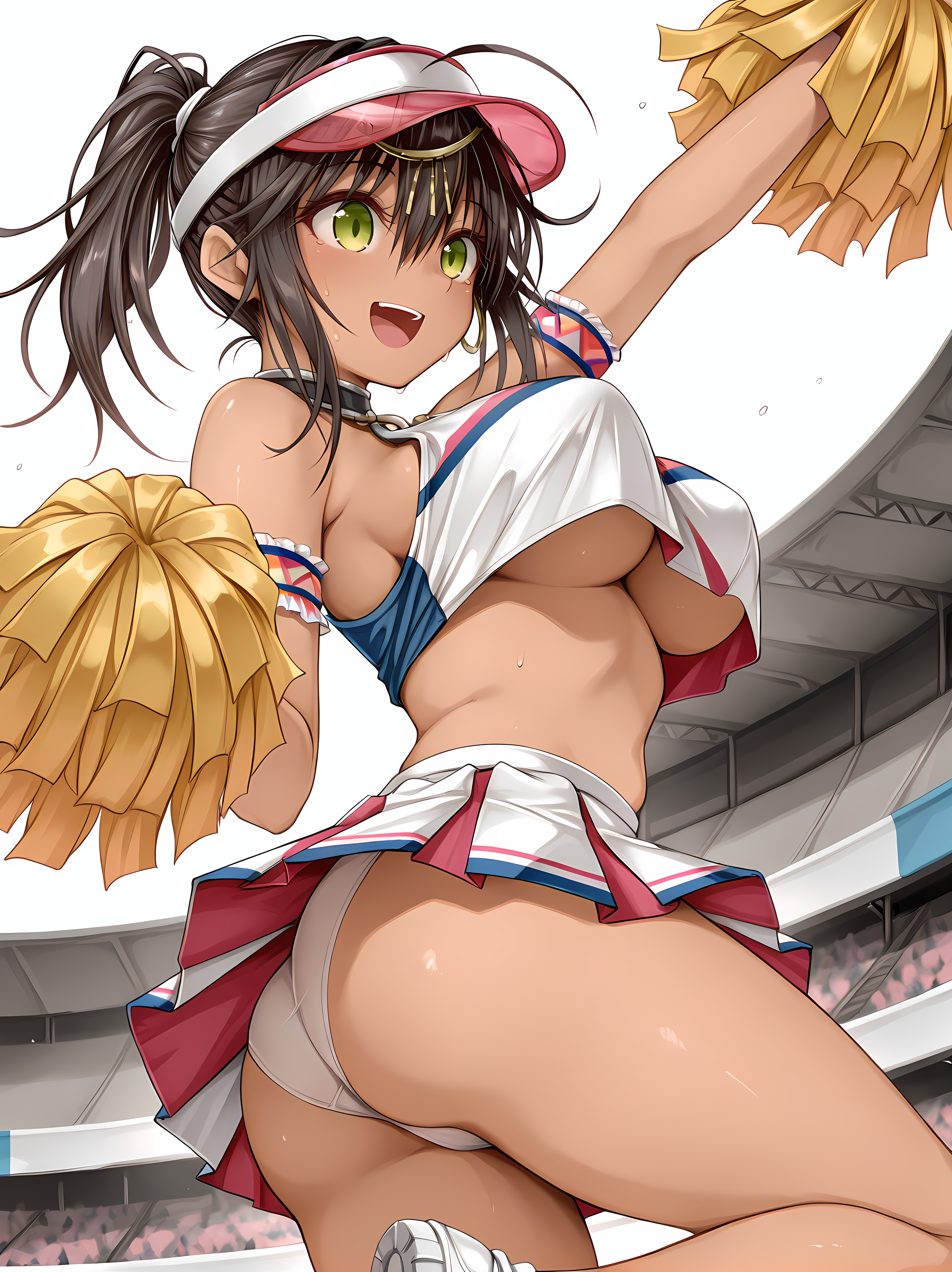 1girl,solo,airi,73tunnel,<lora:Airi_Illustrious:0.8>,large breasts,portrait,smile,cowboy shot,cheerleader,pom pom \(cheerleading\),open mouth,:D,jumping,cheering,miniskirt,panties,underbutt,visor cap,ponytail,, masterpiece, best quality, amazing quality, very aesthetic, absurd, newest, detailed eyes