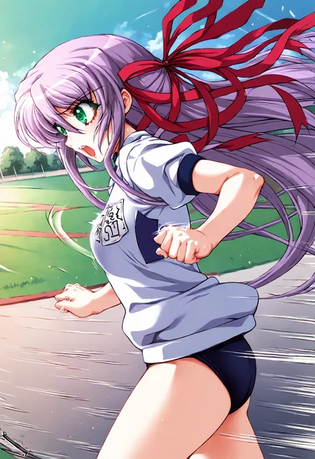 score_9, score_8_up, score_7_up, source_anime, uncensored, zPDXLxxx, <lora:intricate_details:0.5> intricate_details_xl, park, track and field, cowboy shot, close-up, from side,
<lora:Al_Azif_v1.1:1> Azif, al azif, 1girl, solo, gym uniform, gym outfit, buruma, black buruma, long hair, hair ribbon, purple hair, green eyes, running, (motion lines, speed lines:1.4), open mouth
