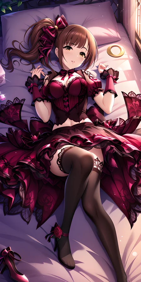 (masterpiece),(best quality),(ultra-detailed),(best illustration),(best shadow),(absurdres),(detailed background),(very aesthetic)kyoko igarashi, seductivenight, 1girl, solo, brown hair, thighhighs, brown eyes, side ponytail, crescent moon, parted lips, seductive smile, pink lips, dakimakura, lying on bed, pink heels, <lora:Kyoko_Igarashi__äºååµé¿å­_-_The_Idolmster_Cinderella_Girls__ã¢ã¤ãã«ãã¹ã¿ã¼ã·ã³ãã¬ã©ã¬ã¼ã«ãº_SDXL_Animagine_XL_3.1:1>