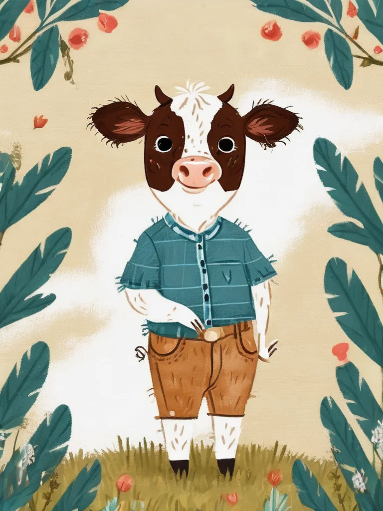 best quality,masterpiece,childpaint,children's illustration,solo,lovely,a lovely calf,white_background,clothes,beautiful_detailed_eyes,eye highlights,,<lora:chil_xl_2v1>