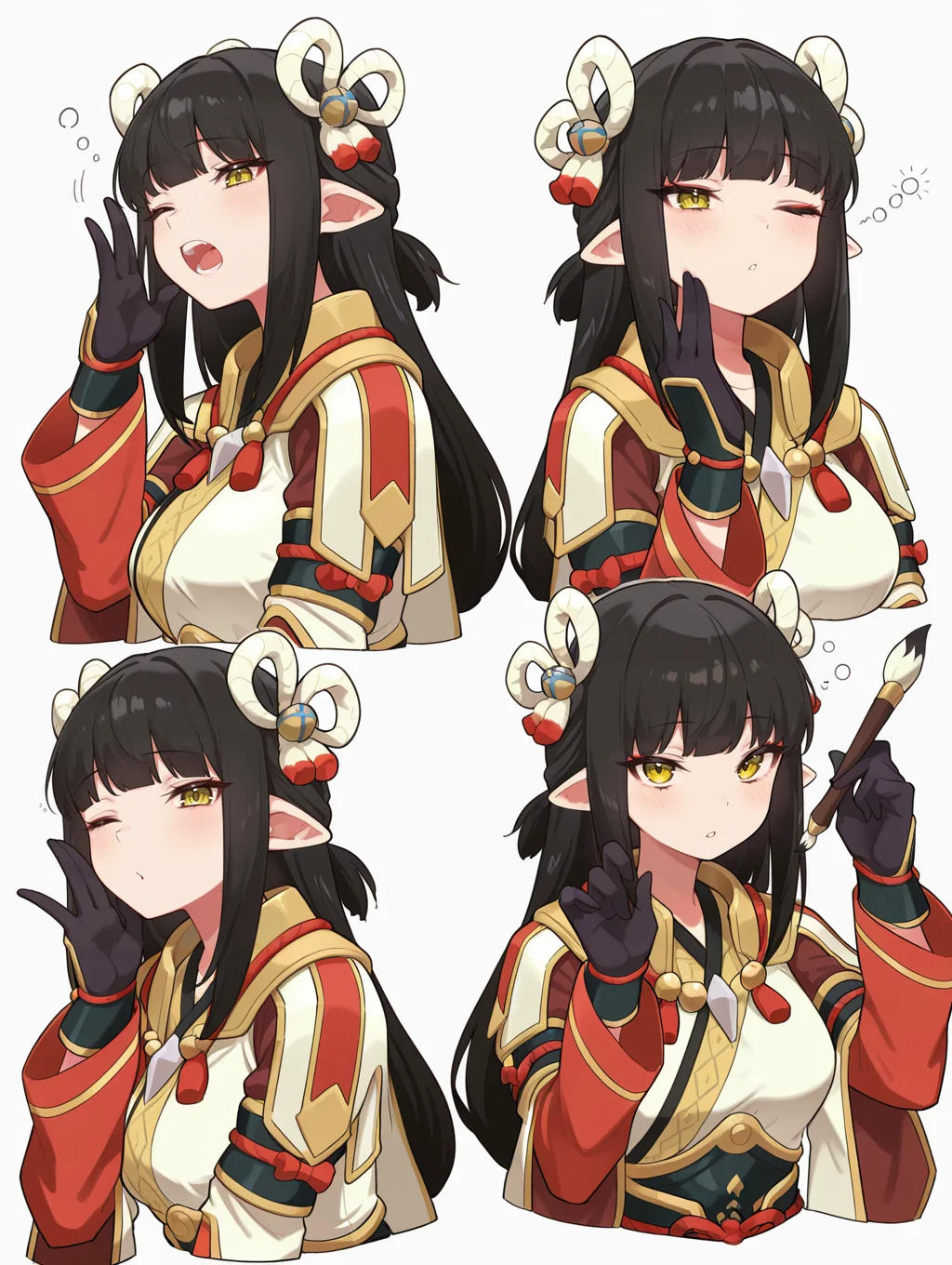 minoto, 1girl, yawning, open mouth, multiple views, one eye closed, blush, red eyeliner, calligraphy brush, looking at viewer, sidelocks, white background, teeth, simple background, closed mouth, sleepy, holding calligraphy brush, double hair ornament, white kimono, red sleeves, black gloves, 4 finger hands, cropped torso,
masterpiece,best quality,amazing quality,very aesthetic,absurdres,newest,<lora:Minoto and Hinoa illuXL v1.1:0.8>,