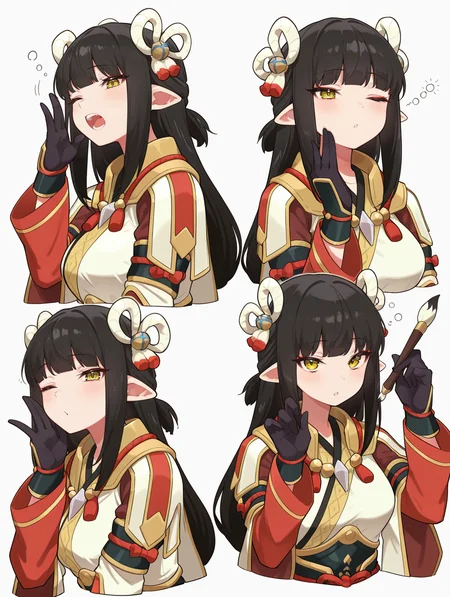 minoto, 1girl, yawning, open mouth, multiple views, one eye closed, blush, red eyeliner, calligraphy brush, looking at viewer, sidelocks, white background, teeth, simple background, closed mouth, sleepy, holding calligraphy brush, double hair ornament, white kimono, red sleeves, black gloves, 4 finger hands, cropped torso,
masterpiece,best quality,amazing quality,very aesthetic,absurdres,newest,<lora:Minoto and Hinoa illuXL v1.1:0.8>,