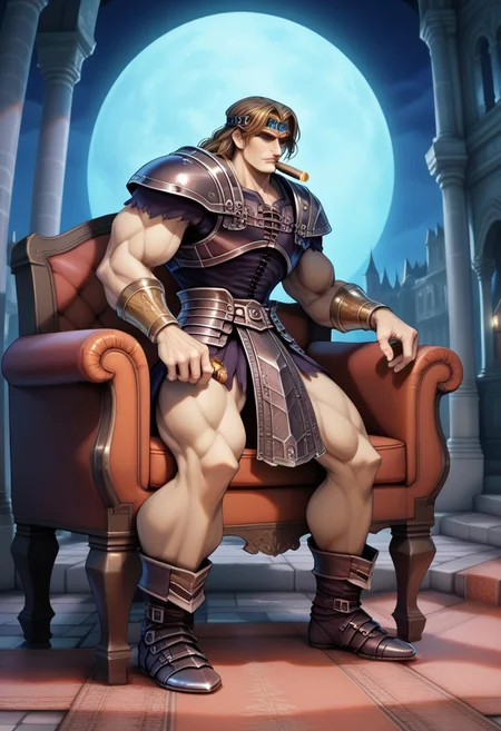 score_9, score_8_up, score_7_up, score_6_up, vwstyle, 1boy, male, muscular, (full body view:2), night, moon, sitting, sofa, smoking cigar, elegant room, simon belmont, simonbel, blue leather armor, jeweled headband, stylized blue breastplate, silver accents, black leather shorts, stylized loincloth, single pauldron, metal wristband, shoulder length brown hair, leather tassets, black boots