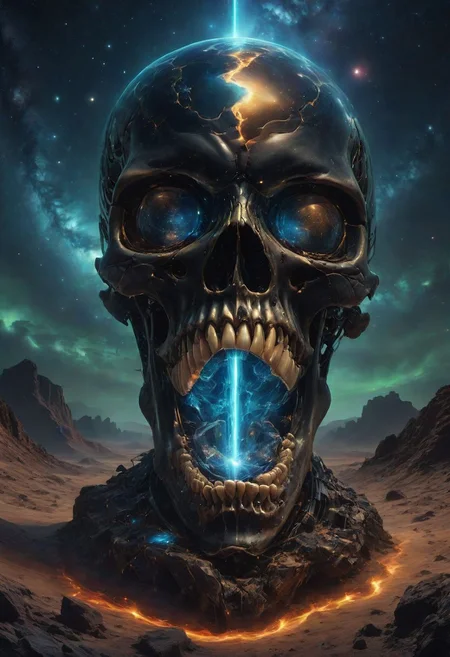 Full-length, progessional photograph of ((An obsidian_skull with wide_open_mouth, in a very hot and barren desert) (inside of the obsidian_skull's wide_open_mouth is seen all realities and dimensions of the universe)(all realities and dimensions of the universe is clearly seen inside of the wide_open_mouth of the obsidian_skull ), ((strong fisheye-lens photograph (intense fisheye-view photograph), very low upward looking angle, intricately detailed, very detailed background, layered echo image, Experimental lighting, realisticvision-negative-embedding, epiCRealism ))