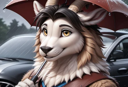realistic, highres, super high resolution, 8k, photo, detailed fur, detailed, anthro, F.M PDXL, whtfx, soft body fur, anthro, male llama, tufted fur, llama tail, detailed fur, black fur, short black hair, amber eyes, realistic, highres, super high resolution, 8k, photo, detailed fur, detailed, anthro, F.M PDXL, whtfx, soft body fur, anthro, male goat, tufted fur, cheast tuft, goattail, detailed fur, white fur, brown hair, blue eyes, raining, holding umbrella, smile, modren city, nightime, solo, cars in background,