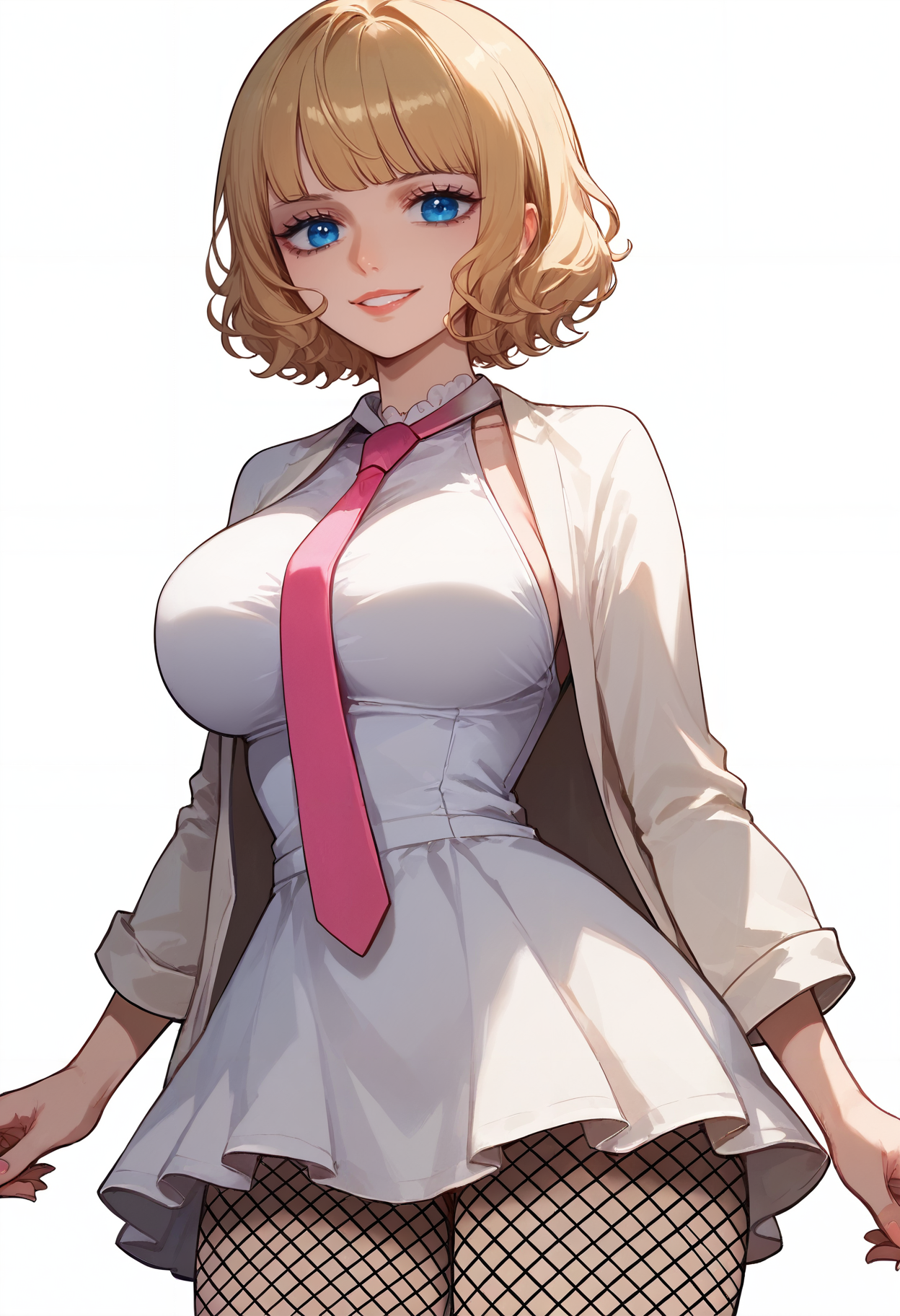 score_9,score_8_up,score_7_up,score_6_up, <lora:stussy_xl:1>stussyop, 1girl,short hair,blue eyes, blonde hair, solo, breasts, necktie, fishnets, large breasts, thighhighs, pink necktie, looking at viewer, white background, parted lips, fishnet thighhighs, between breasts,white  jacket, dress, smile, necktie between breasts, bangs