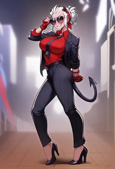 (masterpiece: 1.2), (detail: 1.1), (high resolution, best quality: 1.2), highly detailed background, Score_9, Score_8_up, Score_7_up, Score_6, Score_5, Score_4,
ultra detailed, aesthetic, 1 girl, ((((solo)))
perfect anatomy, 1girl, Justice from Helltaker, justicedef,
short hair, demon horns, sunglasses,
blush, seductive smile,
,female, athletic body, hourglass body, , (big breasts:1.3),perfectly round breasts, slim, Ideal round butt.thick thighs, demon tail
(partially clothed, black jacket,) red shirt, neckline, black necktie, loose office trousers.Fingerless fighting gloves, High heels,
(blurred background: 1.2), (looks at the viewer standing above: 1.1),