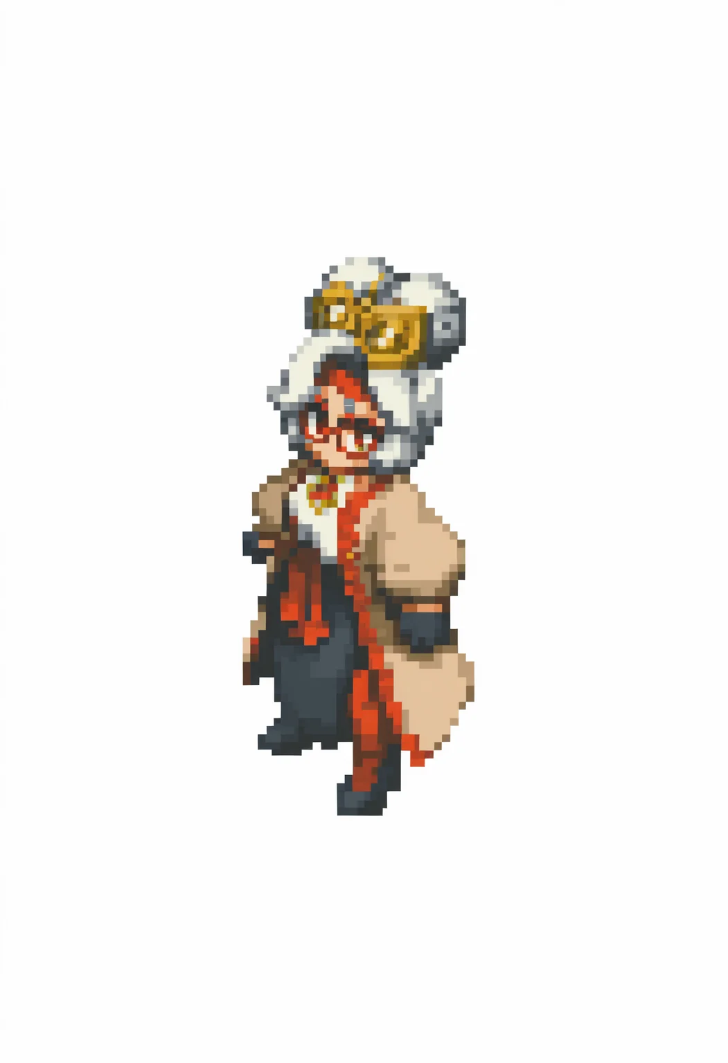 masterpiece, best quality, solo, 1girl, <lora:FFT-Sprites-illus_Fp:1>, looking at viewer, from side, full body, standing, solid oval eyes, no mouth, no nose, pixel art, simple background, white background, <lora:purah-illu-nvwls-v1:1>, pur4h, white hair, red eyes, hair bun, hair ornament, red headband, red glasses, sleeveless shirt, beige shirt, beige jacket, red trim, open jacket, black skirt, red leggings, gloves, high heels