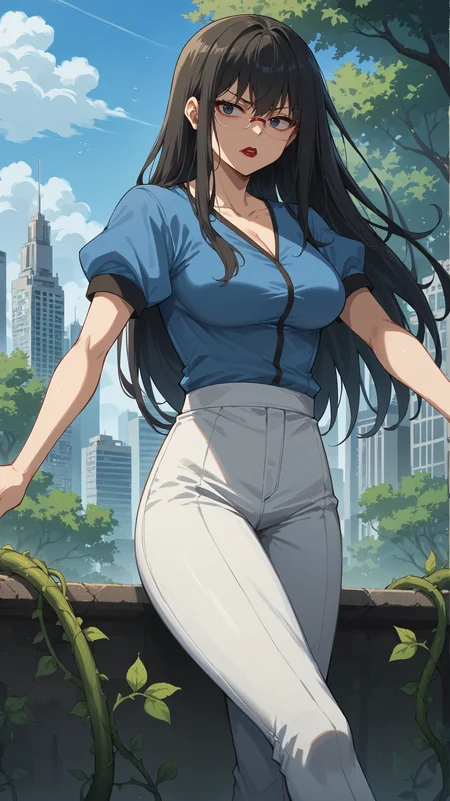 score_9,score_8_up,score_7_up,score_6_up, <lora:xl_more_art-full_v1:0.5>, source_anime, woman, dynamic pose, crossed legs, <lora:Touko Kanbayashi - Pony-000004:0.8>, glasses, long hair, black hair, dark blue eyes, blue shirt, short sleeves, white pants, red lipstick, tired eyes, overgrown city, modern city, trees, vines, vegetation, skyscraper, post-apocalypse,